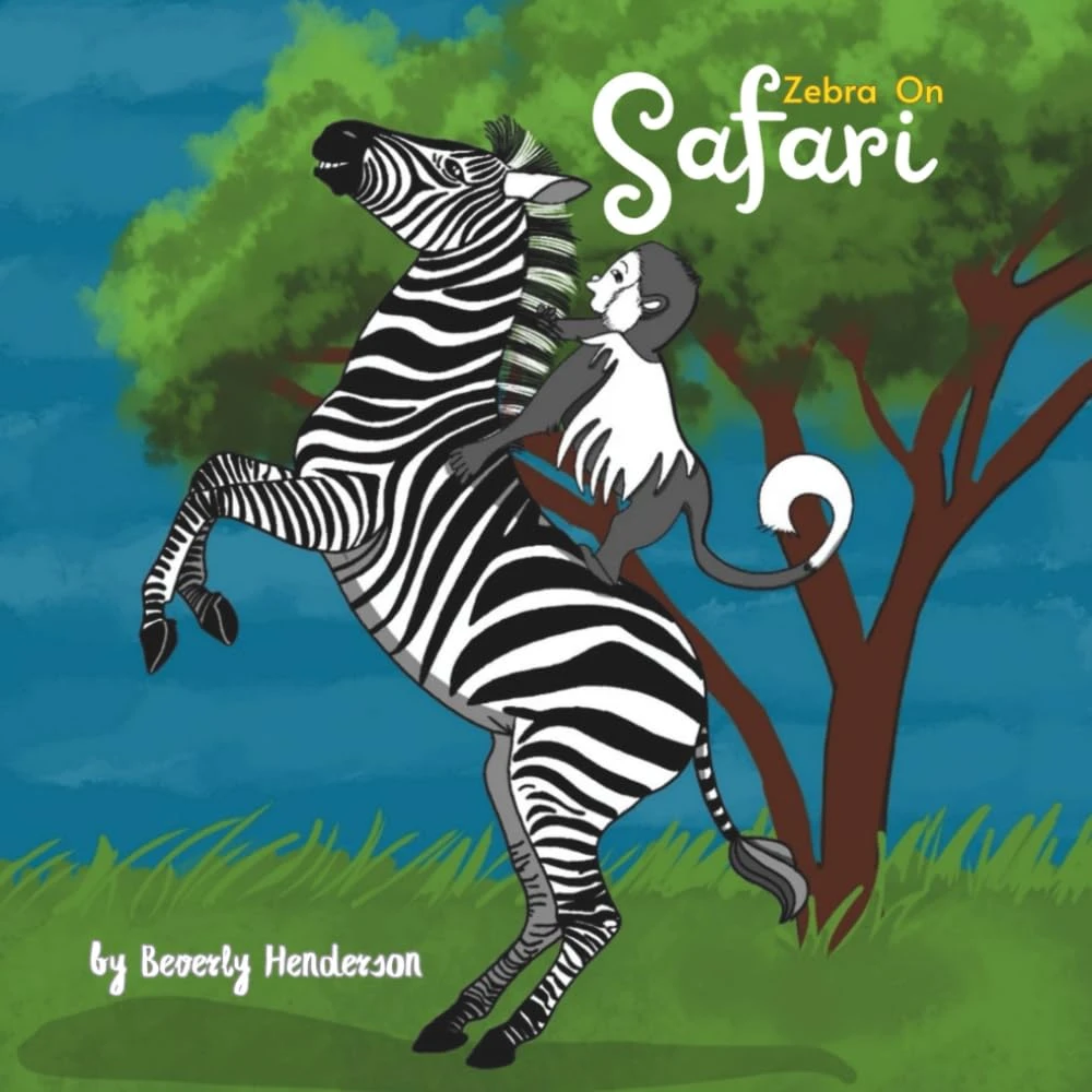 Zebra on Safari by Beverly Henderson: a young zebra meets a monkey in a green savanna landscape